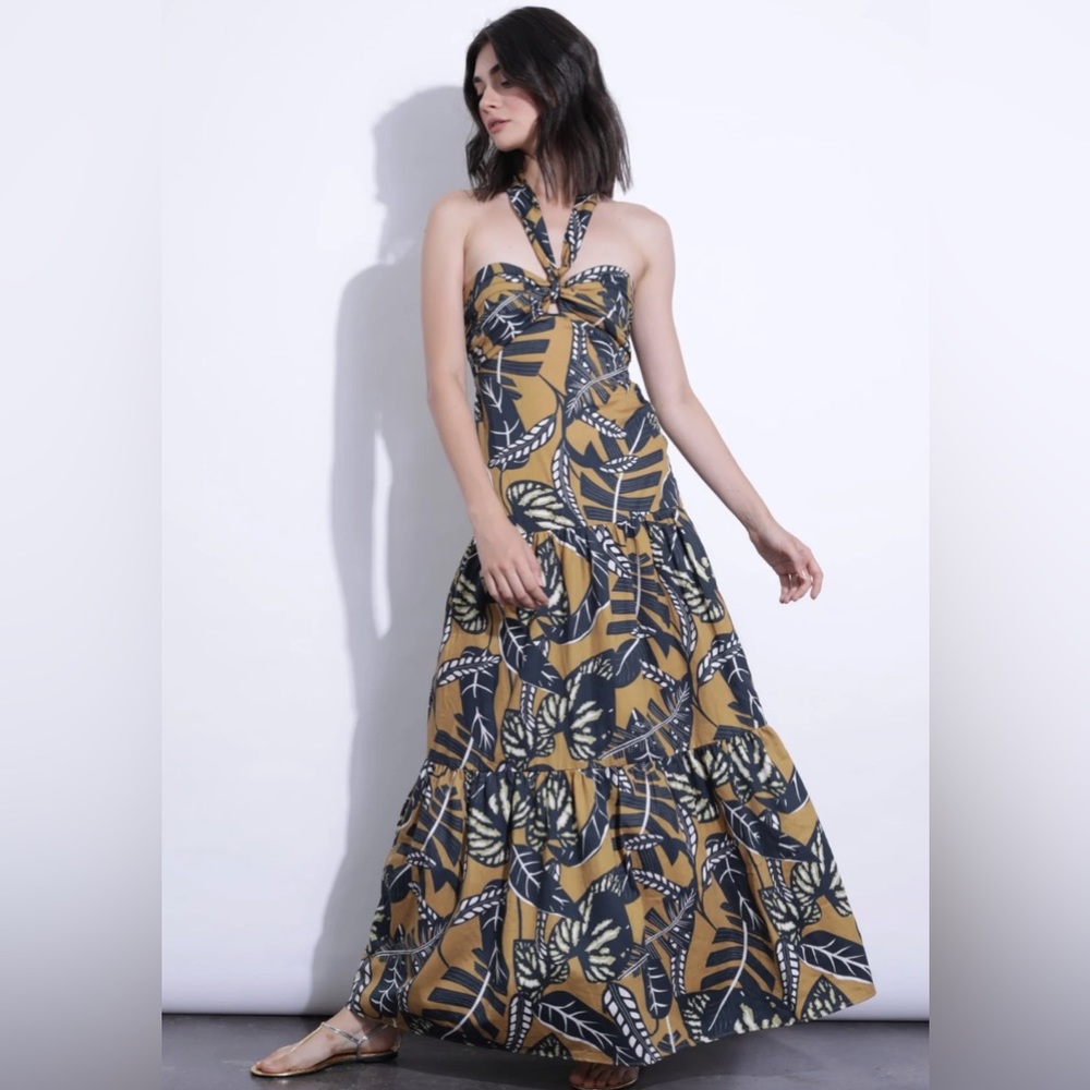 Karina Grimaldi Mustard and Navy Leaf-Print Halter Maxi Dress